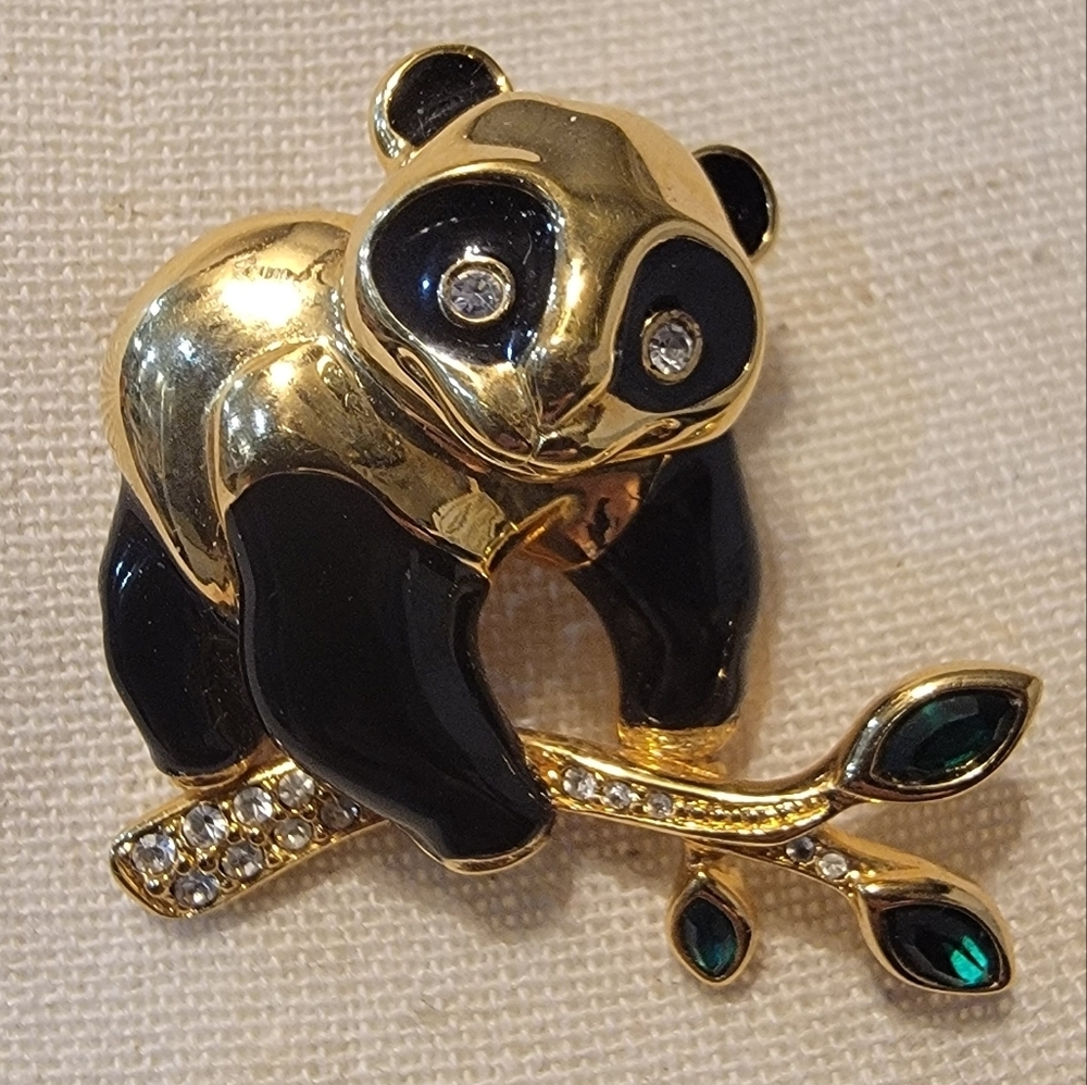 Vintage Swarovski Panda Brooch Swan Logo Crystal Enamel Gold Tone Pin